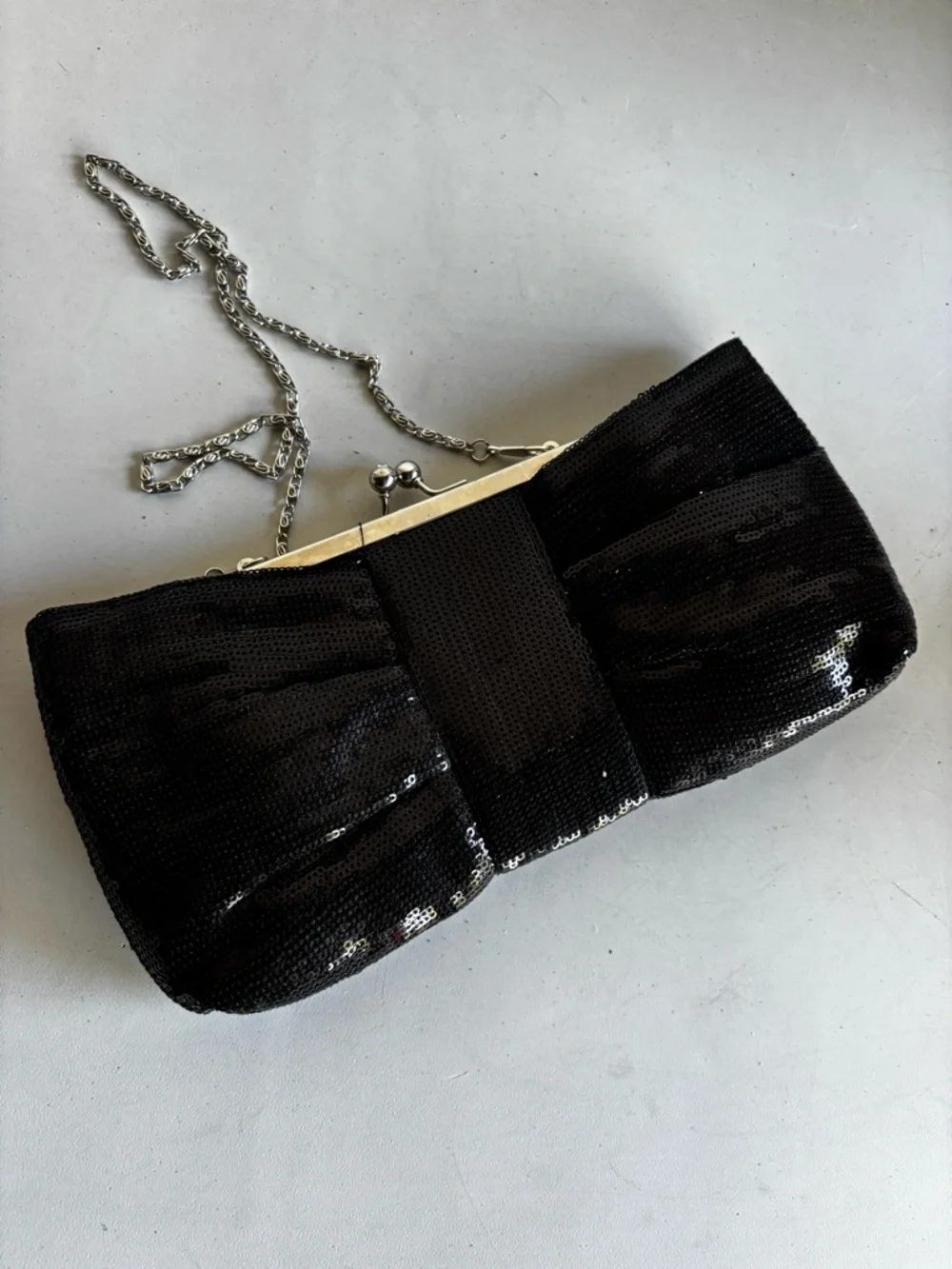 Black Sequin Bow Clutch with Chain Strap